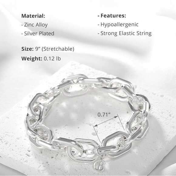 Silver Beaded Bracelets for Women Chunky Paperclip Chain Gift Jewelry - Picture 3 of 11